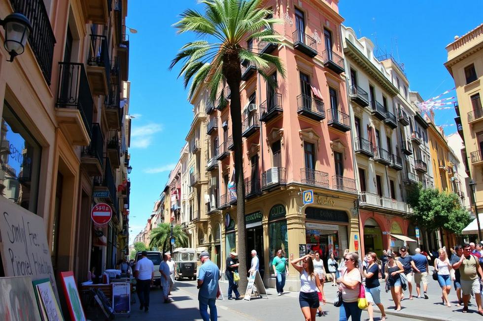 Cena de rua vibrante em Barcelona com artistas e arquitetura colorida.