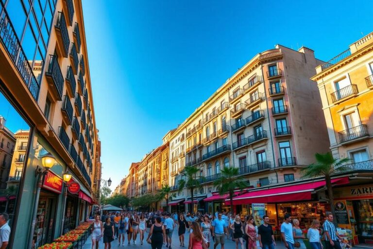 Uma cena de rua vibrante em Barcelona, com arquitetura moderna e tradicional.