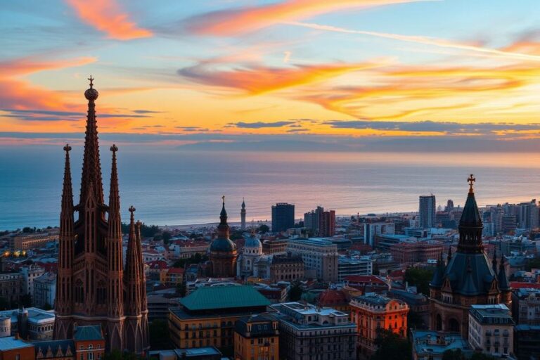 Vista do skyline de Barcelona ao pôr do sol, destacando a Sagrada Família.