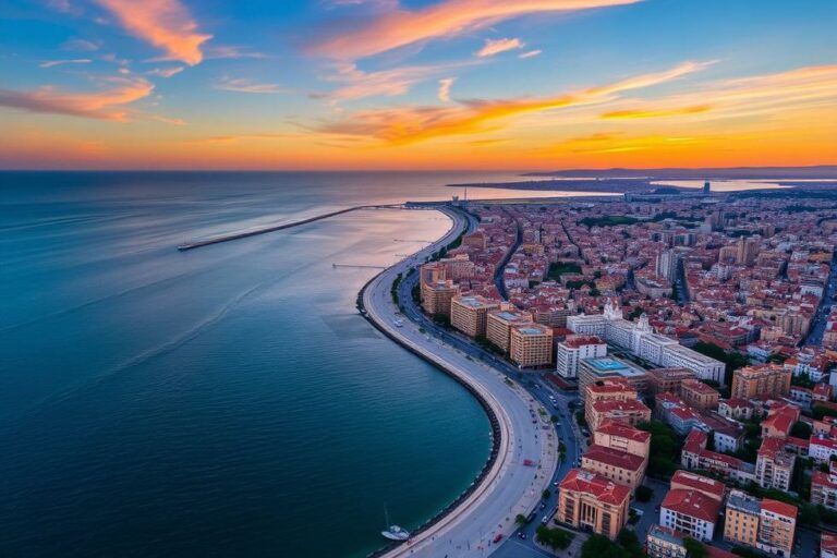 Vista aérea de Barcelona ao pôr do sol, mostrando arquitetura e o mar Mediterrâneo.