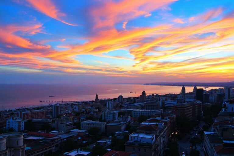 Pôr do sol em Barcelona com a vista do mar Mediterrâneo