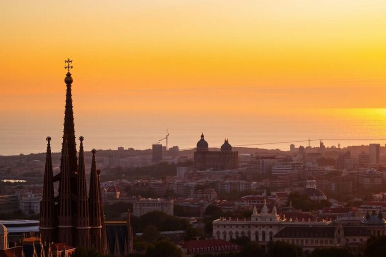 Vista panorâmica de Barcelona com a Sagrada Família e o mar Mediterrâneo ao fundo.
