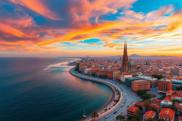 Vista panorâmica de Barcelona com a Sagrada Família e o mar Mediterrâneo ao fundo.