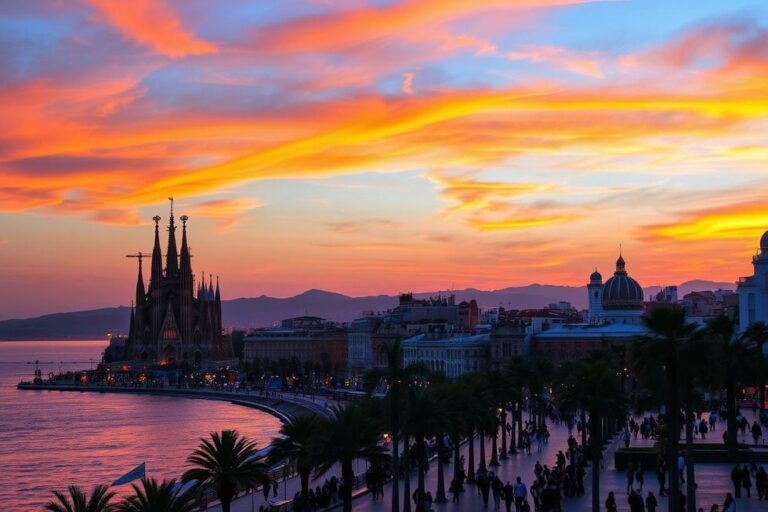 Vista do pôr do sol sobre Barcelona, com Sagrada Família ao fundo.