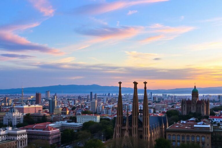 Vista panorâmica de Barcelona ao pôr do sol, mostrando a Sagrada Família e arquitetura tradicional e moderna.