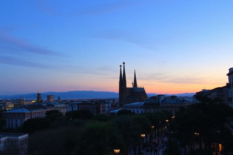 Vista do skyline de Barcelona ao crepúsculo, com Sagrada Família em destaque.