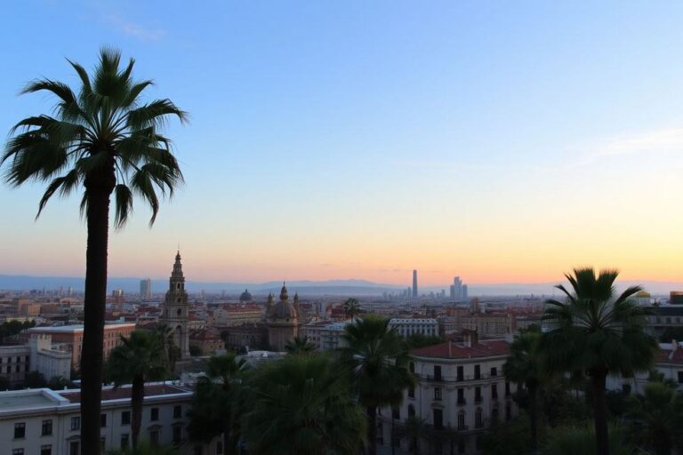 Vista do pôr do sol em Barcelona com edifícios históricos.