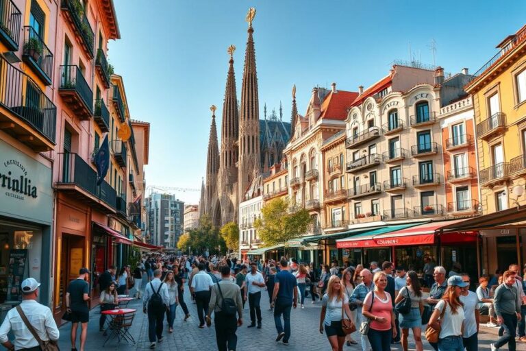 Cenário vibrante de turismo em Barcelona, com marcos famosos ao fundo.