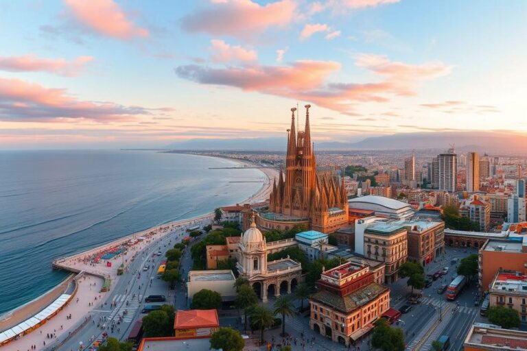 Vista da cidade de Barcelona com destaque para a Sagrada Família e a costa.