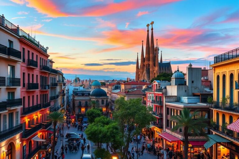 Silhueta da Sagrada Família ao pôr do sol em Barcelona.