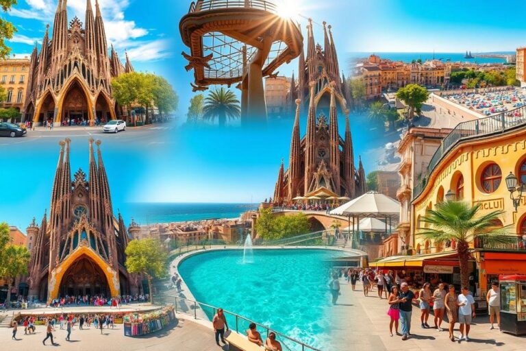 Colagem dos principais pontos turísticos de Barcelona, mostrando a arte, cultura e vida da cidade.