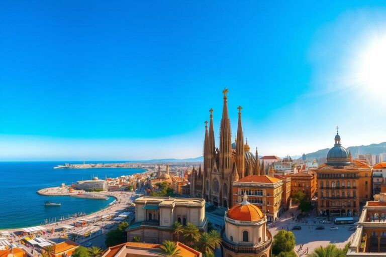 Vista panorâmica de Barcelona com seus marcos emblemáticos.