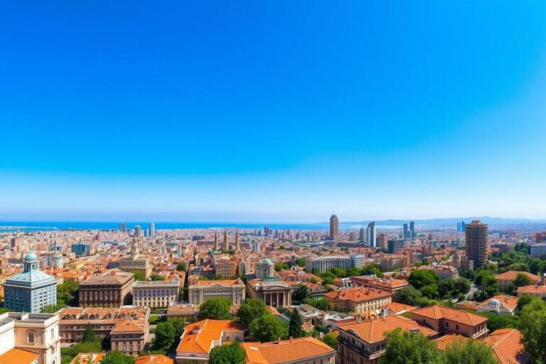 Vista panorâmica de Barcelona com edifícios e céu azul