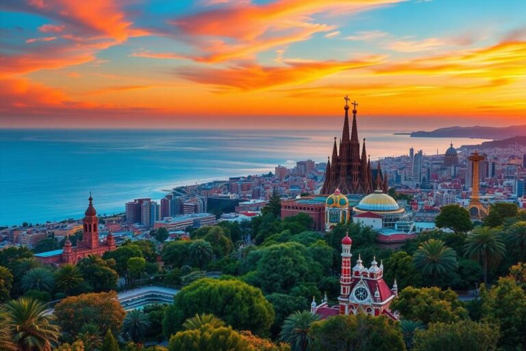 Vista panorâmica de Barcelona ao pôr do sol.
