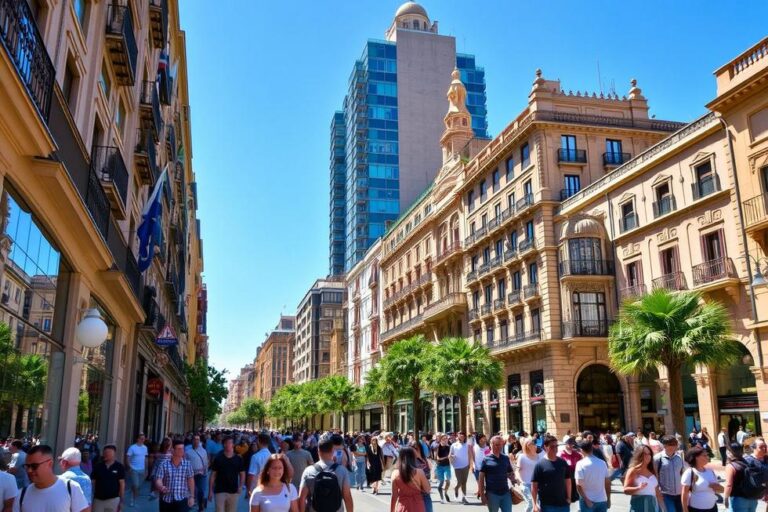 Vista de uma rua em Barcelona, com arquitetura linda e turistas explorando.