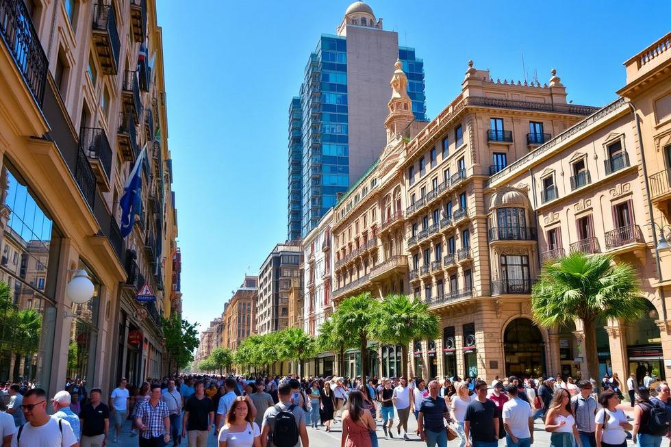 Vista de uma rua em Barcelona, com arquitetura linda e turistas explorando.