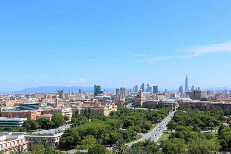 Vista do centro de Barcelona misturando arquitetura moderna e antiga.