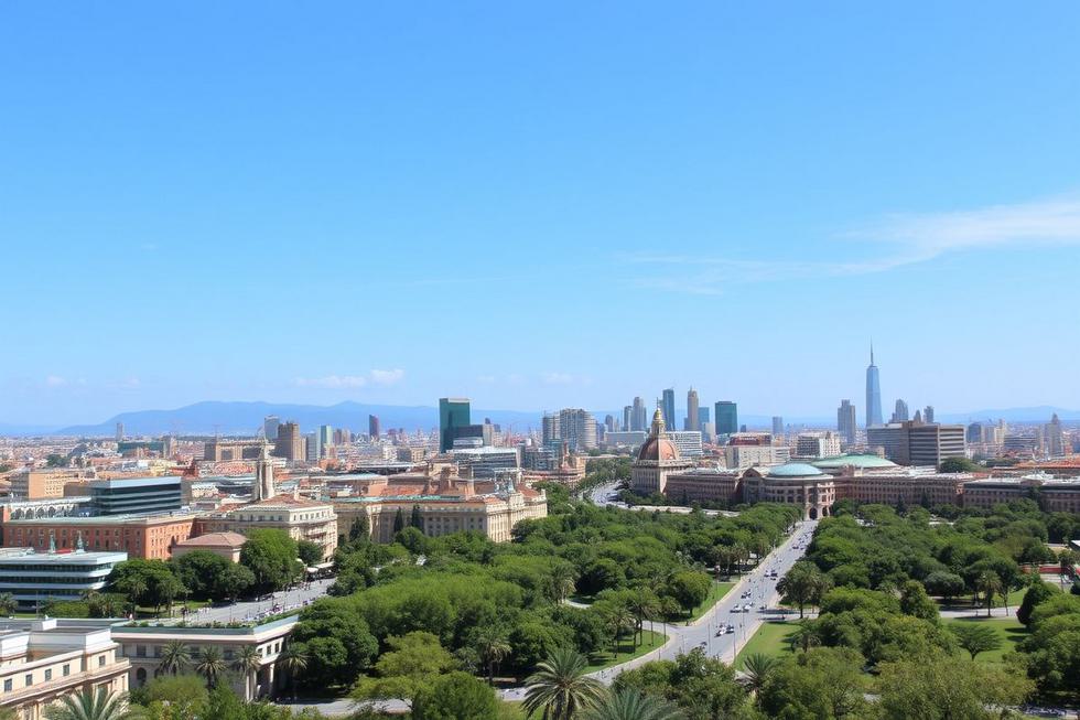 Vista do centro de Barcelona misturando arquitetura moderna e antiga.