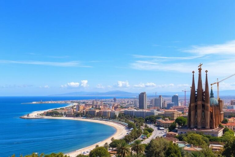 Panorama de Barcelona destacando a Sagrada Família e a costa.