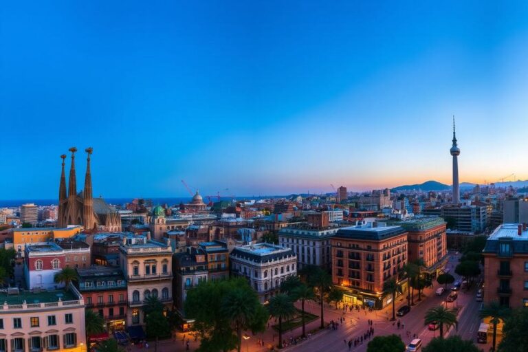 Vista panorâmica do skyline de Barcelona com arquitetura icônica.