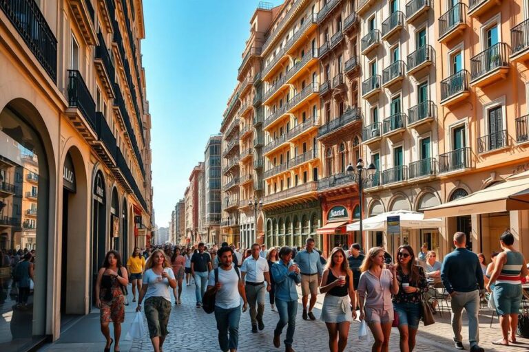 Pessoas aproveitando o dia ensolarado nas ruas de Barcelona.
