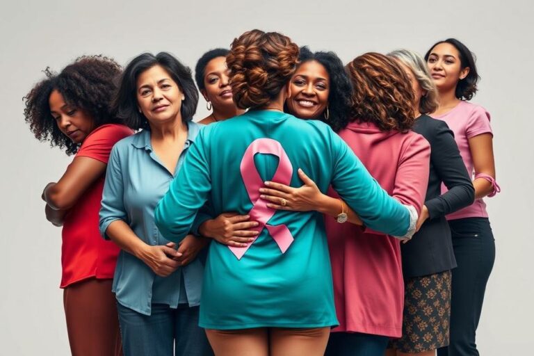 Grupo diverso de mulheres se apoiando na luta contra o câncer de mama.