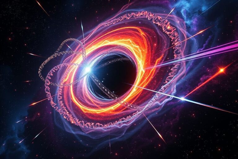 Ilustração de um buraco negro cercado por estrelas e energia cósmica.