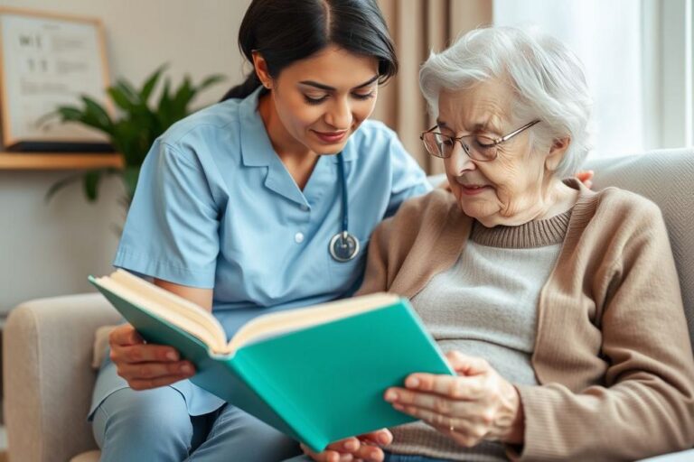Um cuidador lendo um livro para uma mulher idosa com Alzheimer, ilustrando amor e atenção.