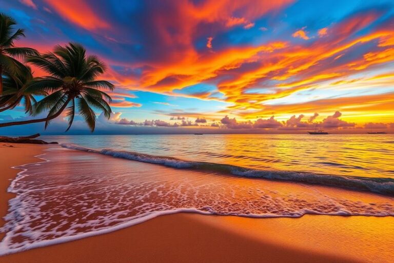 Vista de um pôr do sol em uma praia tropical da América Central.