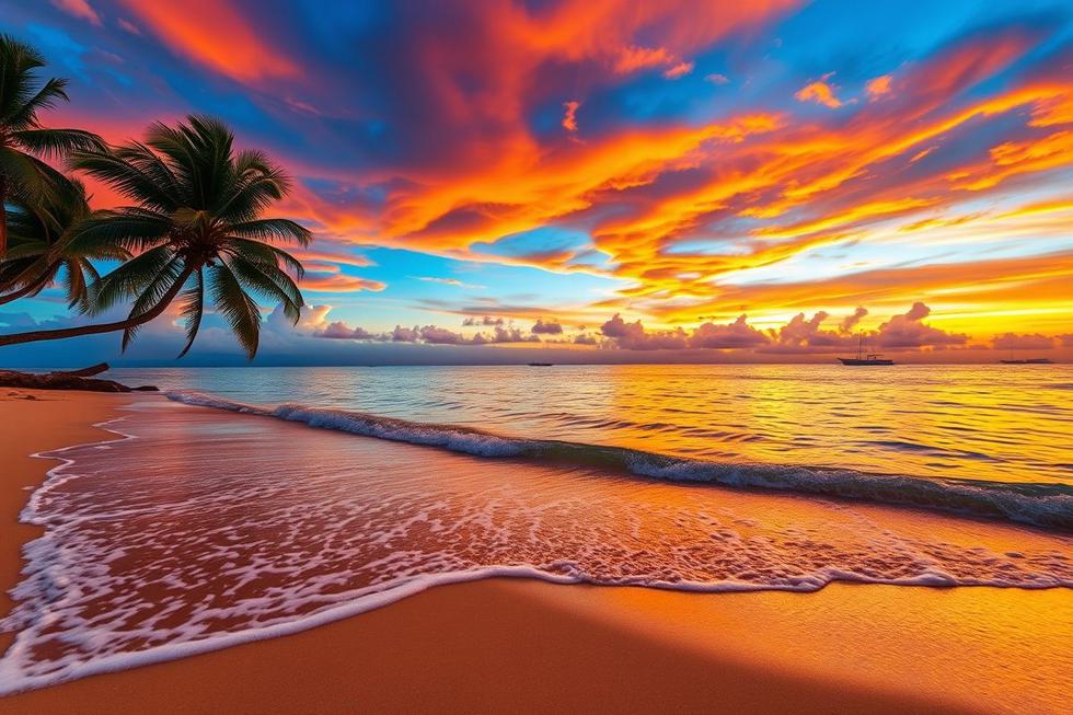 Vista de um pôr do sol em uma praia tropical da América Central.