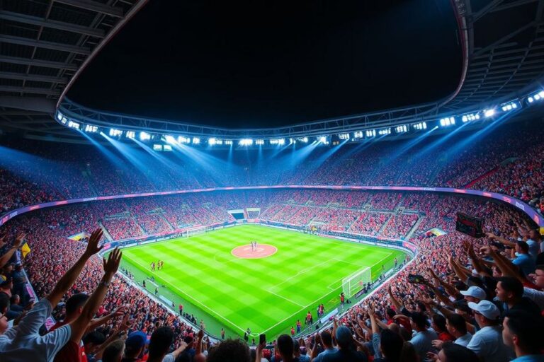 Estádio de futebol lotado com torcedores entusiasmados.