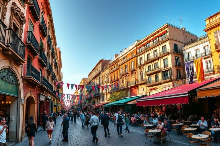 Ruas vibrantes de Barcelona com arquitetura charmosa e vida urbana ativa.