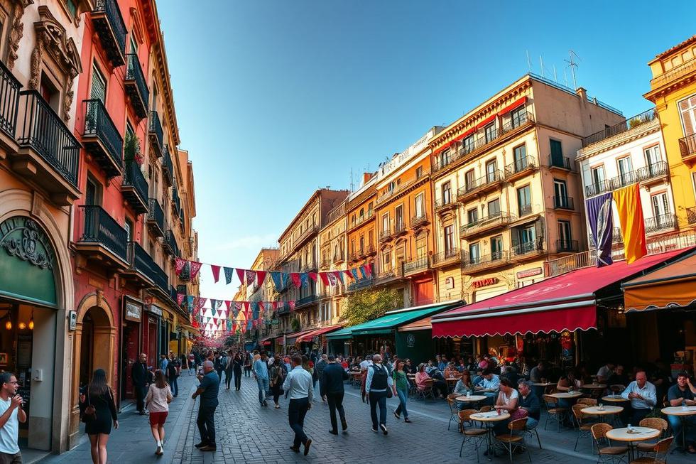 Ruas vibrantes de Barcelona com arquitetura charmosa e vida urbana ativa.