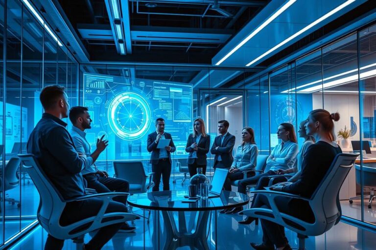 Profissionais colaborando em um ambiente moderno sobre inteligência artificial.