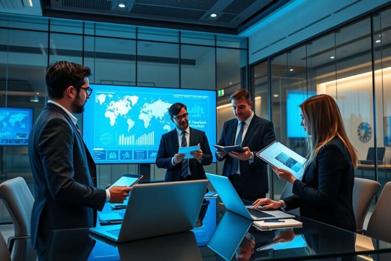 Executivos discutindo soluções para gestão de viagens.