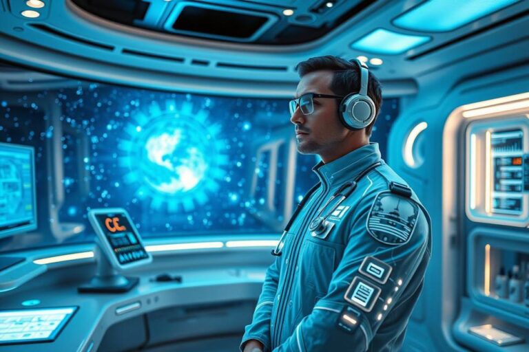 Profissional de saúde em um ambiente com alta tecnologia.