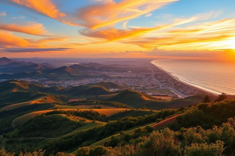 Panorama do Rio Grande do Sul com colinas, vinhedos e costa.