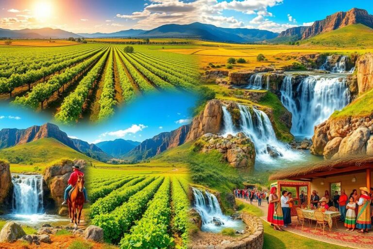 Colagem de paisagens do Rio Grande do Sul, mostrando a riqueza natural e cultural do estado.