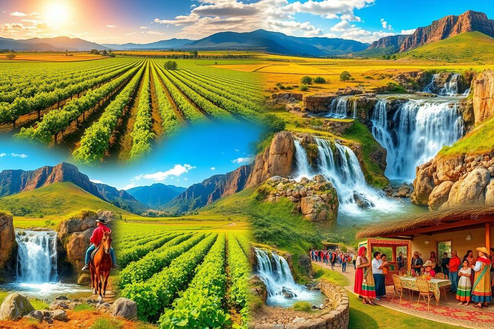 Colagem de paisagens do Rio Grande do Sul, mostrando a riqueza natural e cultural do estado.
