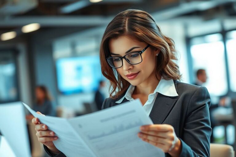 Mulher de negócios revisando relatórios financeiros em um ambiente corporativo.