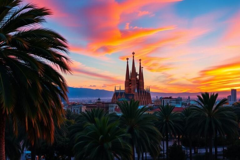 Uma vista icônica de Barcelona, mostrando a Sagrada Família e palmeiras ao pôr do sol.