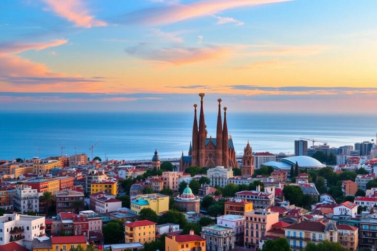 Vista panorâmica de Barcelona com a Sagrada Família e o mar Mediterrâneo ao fundo.