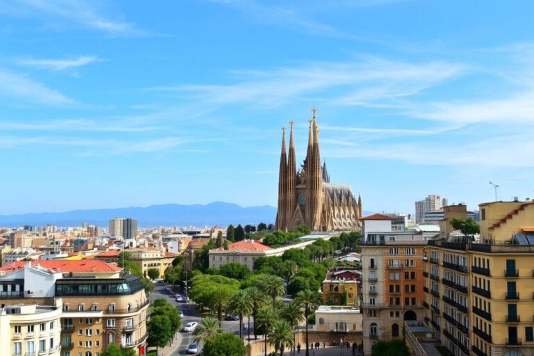 O horizonte de Barcelona, com a Sagrada Família e suas ruas vibrantes.