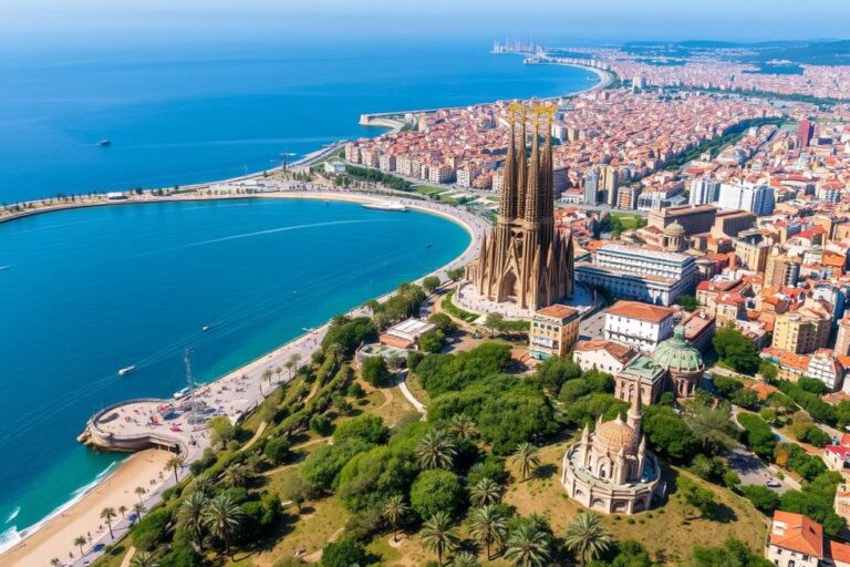 Vista aérea de Barcelona com marcos famosos e a costa.