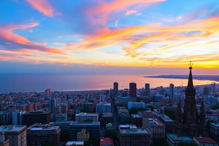 Vista panorâmica de Barcelona com o céu ao entardecer.
