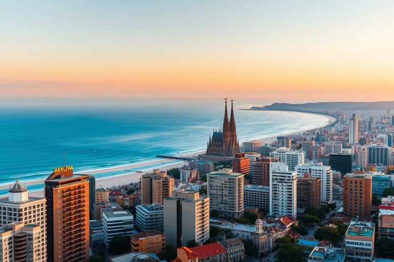 Vista panorâmica de Barcelona com a Sagrada Família e o mar Mediterrâneo ao fundo.