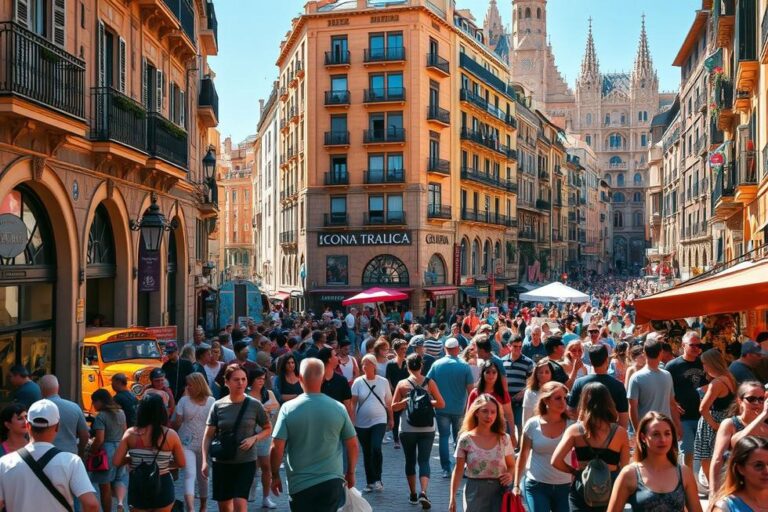 Uma rua movimentada em Barcelona com turistas e arquitetura histórica ao fundo.