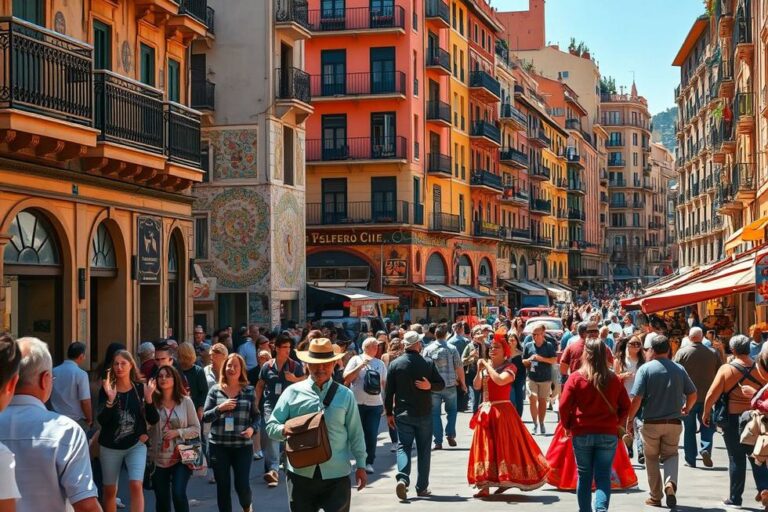 Uma movimentada rua de Barcelona repleta de turistas e arte de rua.