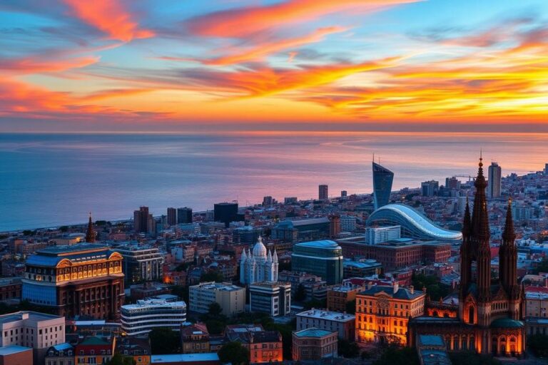 Vista deslumbrante de Barcelona ao pôr do sol.