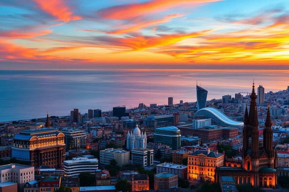 Vista deslumbrante de Barcelona ao pôr do sol.